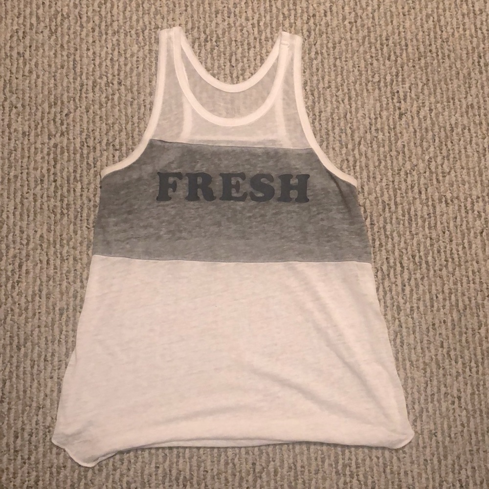 White and Grey Tank Top w/ “FRESH” on the front.